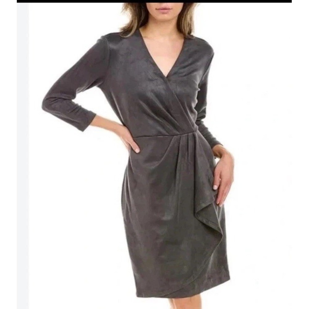 J McLaughlin Dress Womens Medium Gray Faux Suede Wrap Sheath 3/4 Sleeve